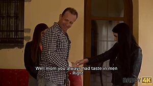 Naughty chicks lured stepdaddy into a forbidden threesome.