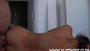 Petite submissive slut Candie Cross does a sloppy deepthroat and deep anal in the lavatory with a fat older dude