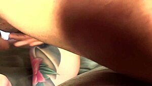 Tatted beauty with black hair drilled by her boyfriend