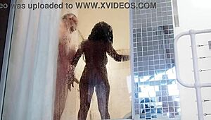Sexy black milf indulges in a HOT STEAMY SHOWER with white sugar daddy at penthouse