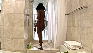 Sexy black milf indulges in a HOT STEAMY SHOWER with white sugar daddy at penthouse