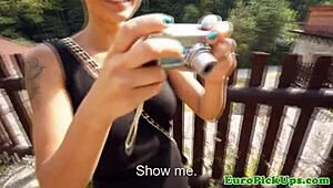 euro slut with glasses gets messy facial in public pov