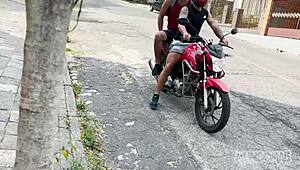 I got on the motorcycle and on my friend's big cock in a group threesome adventure