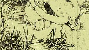 Vintage erotic illustration showcases interracial anime in retro cartoon style