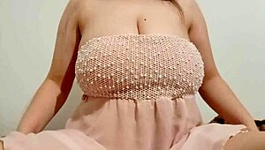 Hottie in Chic Dress Gropes Her Big Breasts Outdoors