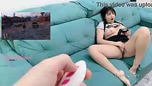 Sexy gamer girl tries to play GTA V with vibrator in pussy, cumming during stream. Big tits orgasm!