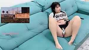 Sexy gamer girl tries to play GTA V with vibrator in pussy, cumming during stream. Big tits orgasm!