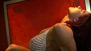 muscular redhead bodybuilder in tiny bikini shows off big fake tits