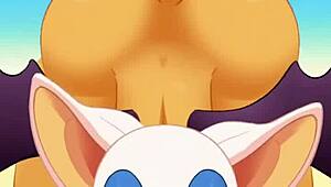 anime rouge is sucking cock swallowing cum while getting her ass fucked hard in hentai