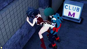 i watch mina ashido and momo yaoyorozu have intense sex with izuku midoriya in hentai