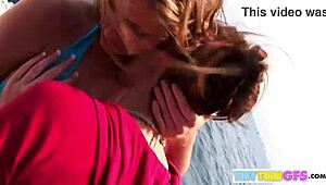 brookeskype lesbians kissing nude on a wild boat vacation. close-up teen action heats up the holiday outdoors.