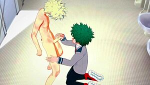 My Hero Academia Yaoi - Midoriya Handjob and Bakugou Fucking in Bathroom Scene