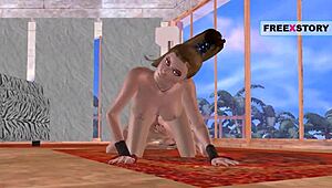 Animated video of two girls kissing and using a double dildo