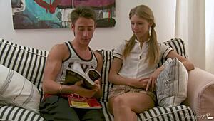 Blonde teen Anjelica rides hard and takes it deep in ass