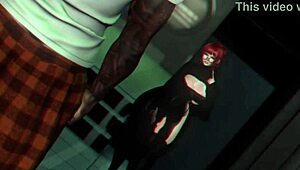 White slut sucks in SecondLife close-up. Outdoor 3D cartoon hentai with bent-over action.