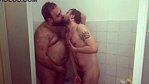 couple fucks bareback in the shower with monster cock. young ass pounded hard