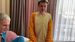 at a pajama party, guys dive into intense action