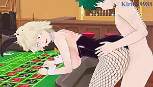 mitsuki bakugo and kyoka jiro and izuku midoriya in bunny girl scene.