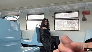 Public handjob on train turns into stranger blowjob with cumwalk in wild outdoor scene