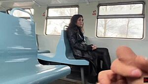 Public handjob on train turns into stranger blowjob with cumwalk in wild outdoor scene