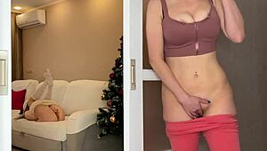 Stepmom and stepdaughter cum together watching each other on new year's eve