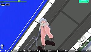 A hot and steamy scene in a hentai game where a girl squirts while giving a blowjob in an elevator