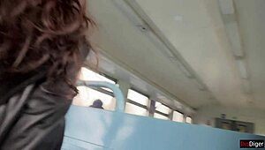 Public handjob on train turns into stranger blowjob with cumwalk in wild outdoor scene