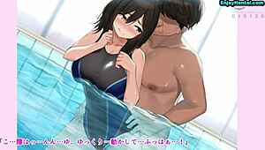 swimming instructor frets over her big breasts in anime scene