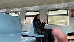 Public handjob on train turns into stranger blowjob with cumwalk in wild outdoor scene