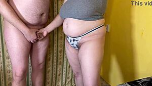 Cuckold husband watches man breed big-boobed wife. Jerks small cock in despair!