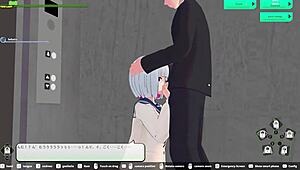 A hot and steamy scene in a hentai game where a girl squirts while giving a blowjob in an elevator