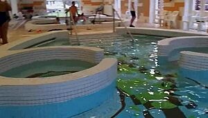 risky flashing and masturbation in public spa center with my small 18+ tits