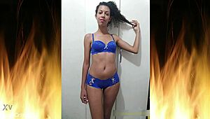 beautiful brunette in blue lingerie trailer