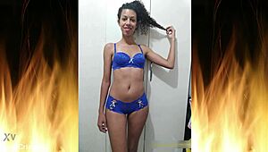 beautiful brunette in blue lingerie trailer