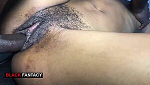 Sweet Ebony Babe Shows Off Hairy Wet Pussy Up Close