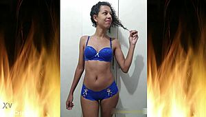 beautiful brunette in blue lingerie trailer