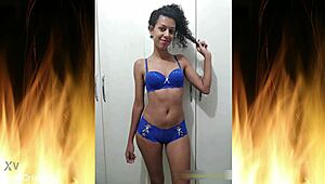 beautiful brunette in blue lingerie trailer