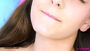 Sweet teen brunette reveals her body in intriguing interview.