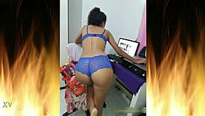 beautiful brunette in blue lingerie trailer