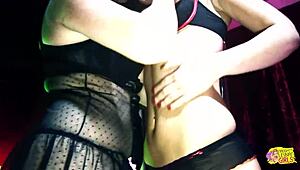 Two sluts feel aroused watching the striptease, then passionately fuck the stripper with a strapon.