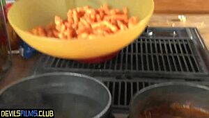 Beautiful teen gets double penetration in a spitroast