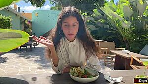 cum on a girl’s face in a public cafe. she eats lunch with cum dripping!