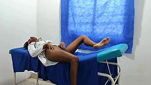 horny nurse touches herself in office before seducing patient for sex