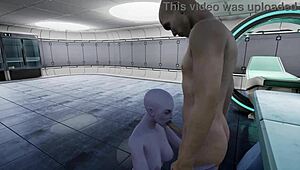 Alien Monster Making Contact with Hairless Pussy and Blowjob