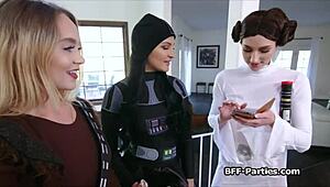 sexy cosplay party turns into a steamy fourway with eager girlfriends