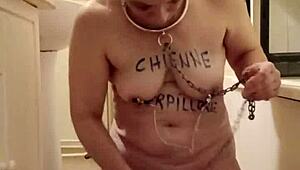 Esclave F in raw 2024 self-session with piss and harsh humiliation play.