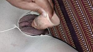 using fake dick on student pussy through pantyhose