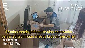 Redhead in uniform receives horny maintenance guy alone at home, hidden camera