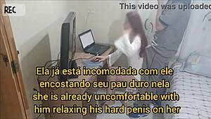 Redhead in uniform receives horny maintenance guy alone at home, hidden camera