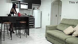 During casting, the amateur milf maid unexpectedly flashes her sexy body and big cock.